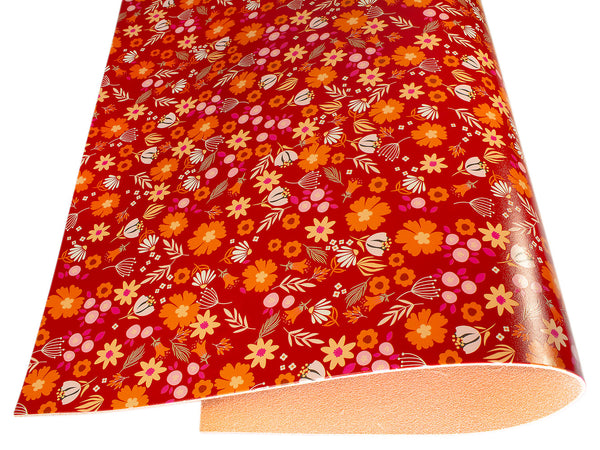 Vegetable tanned leather Russo sakura fuoco red flower print